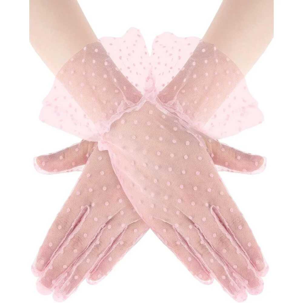 Women's Evening Pink Elegant Polka Dot Mitten Lace Gloves Party Tea Accessories